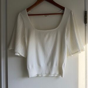 Z Supply White Square Neck Knit Top Flutter Sleeve Textured Detail Size S